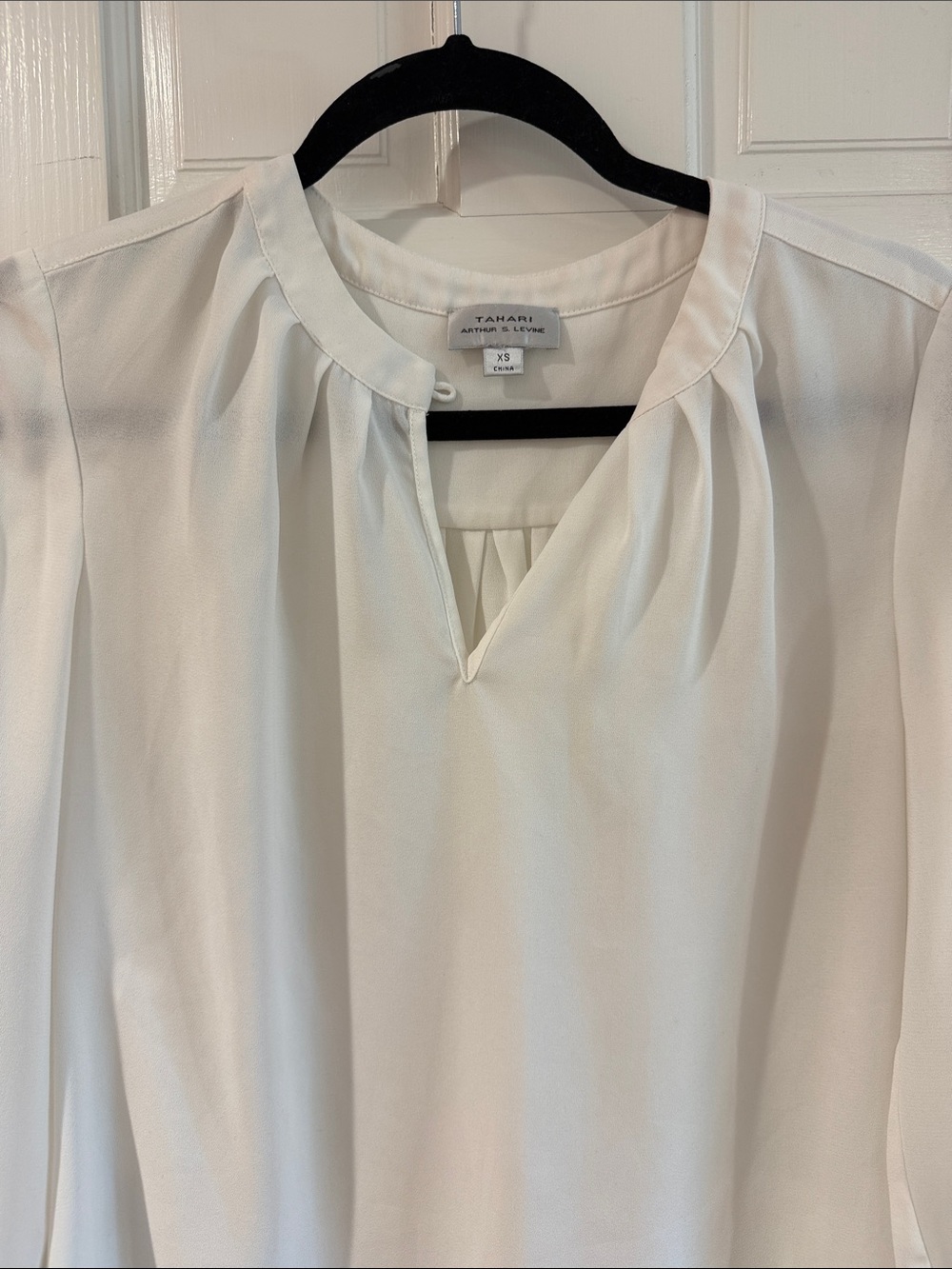 Tahari Cream Pleated Notch-Neck Blouse